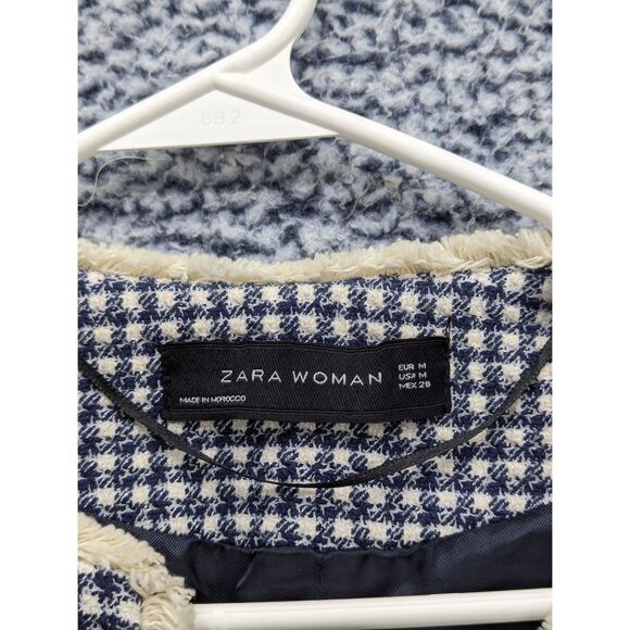 Zara Gingham Check Plaid Coat Size M Tweed Open Front Ruffle Boho Preppy Blue - Picture 10 of 12